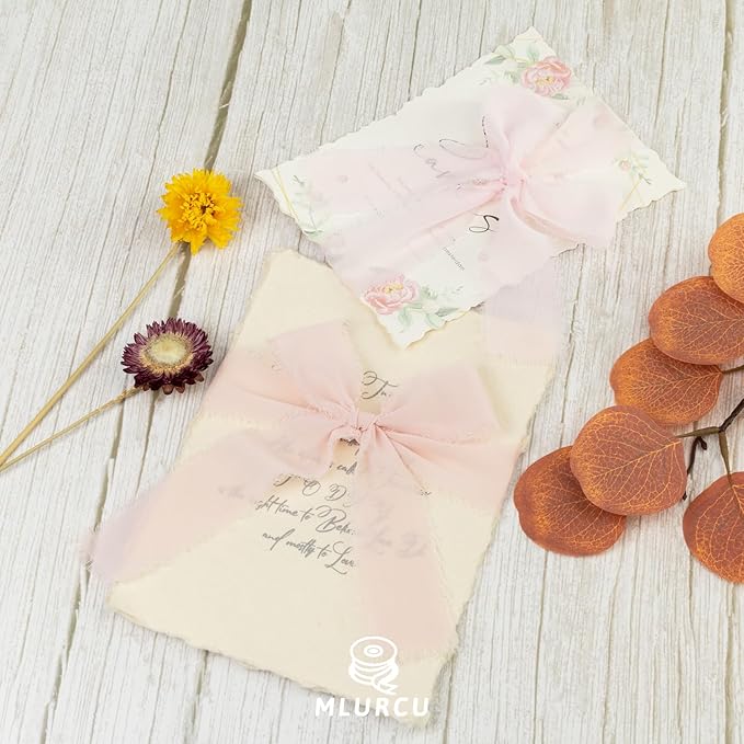 Pink Chiffon Ribbon 1.5 Inch x 21Yds Handmade Fringe Chiffon Silk Ribbon Dusty Rose/Blush/Pink Frayed Chiffon Ribbon for Wedding Invitation Flower Bouquets Gift Wrapping Bridal Shower Baby Shower