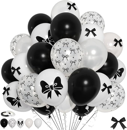 Bow Balloons, 60Pcs Black Bows Balloon, 12 Inch Latex Black and White Bow Printed Balloons with Cute Bows Ribbons for Women Girls Birthday Party Baby Shower Bridal Shower Bow Theme Party Decorations
