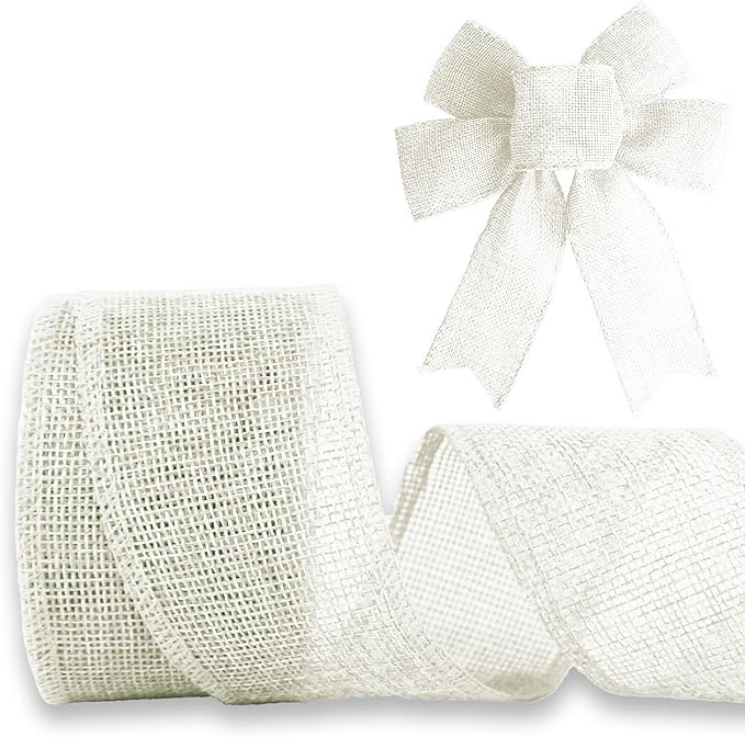 Ivory White Burlap Ribbon 1-1/2 inch X 10 Yard Natural Linen Woven Burlap Ribbons DIY Handmade Edging Production Wreath Holiday Decoration Ribbon Gift Wrapping Beige White Burlap Ribbons