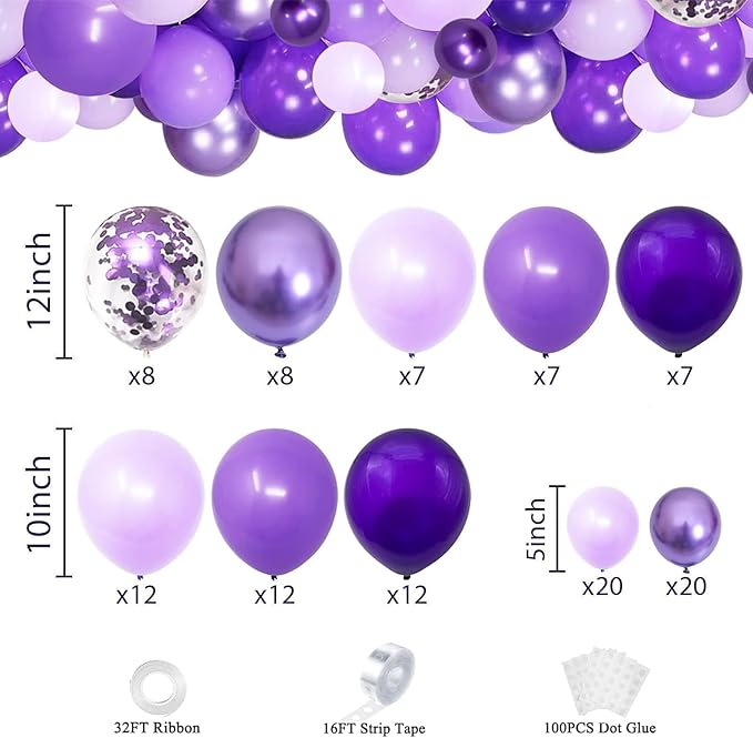 Purple Shades Balloons Garland Arch Kit-116Pcs 5"/10"/ 12" Dark Pastel Light Metallic Confetti Purple Balloons Arch Set for Wedding Birthday Baby Shower Graduation Party Decorations (Pack of 2)