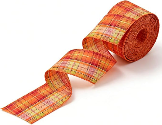 Meseey 1.5 Inch x 10 Yards Orange Yellow Green Plaid Wired Ribbon, Fall Watercolor Plaid Wired Edge Ribbon for Wreaths, Bows, Gift Wrapping, Thanksgiving & Halloween Decor(Orange/Green)