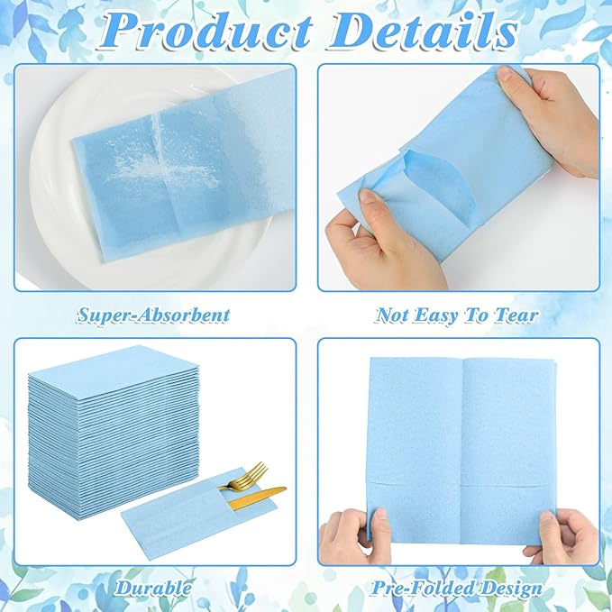120 Pcs Light Blue Linen-Feel Paper Napkins with Built-in Flatware Pocket, Pocket Linen Napkins Prefolded Cloth Like Paper Napkins Bulk for Silverware Wedding Baby Shower Birthday Bridal Party