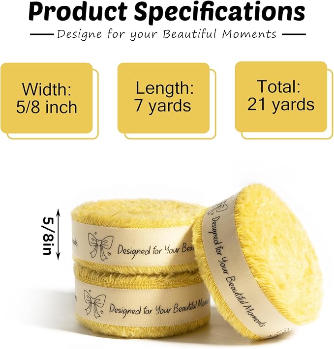 Yellow Cotton Ribbon 5/8 Inch Mustard Yellow 3 Rolls 21 Yards Frayed Edge Fabric Set for Wedding Decor, Bridal Bouquet Wrap, Baby Shower, Gift Wrapping & Fall Decor