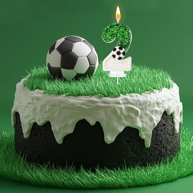 Birthday Candles，Soccer Birthday Decorations，Soccer Cake Topper,for Girl and boy Cake Toppers, Wedding Cakes, Anniversaries, Party Celebrations, Birthday Decorations (Green White, Number 2)