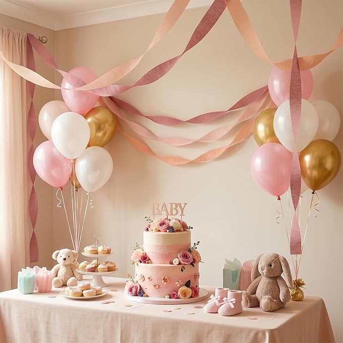 Crepe Paper Streamers 9 Rolls 738ft, Pack of Metallic Rose Gold Baby Pink Crepe Paper for Party Decorations, Birthday Decorations, Baby Shower Decorations, 1.77 Inch x 82 Ft/Roll