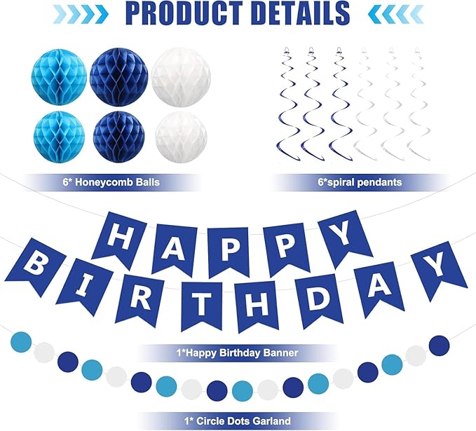 Blue Birthday Decorations Banner Navy Blue Happy Birthday decorations with 6 Honeycomb Balls,6 Metallic Hanging Swirls and Circle Dot Garland Decroations for boys men Birthday Party Decorations