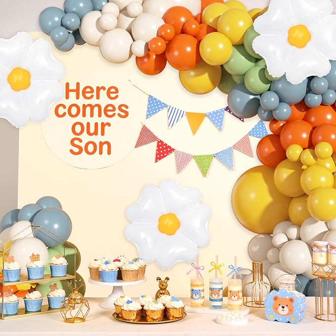 Ouddy Life 167Pcs Here Comes the Son Balloon Arch Garland Kit, Retro Boho Colorful Dusty Blue Burnt Orange Mustard Yellow Daisy Balloons for Boys First Birthday Baby Shower Easter Party Decorations