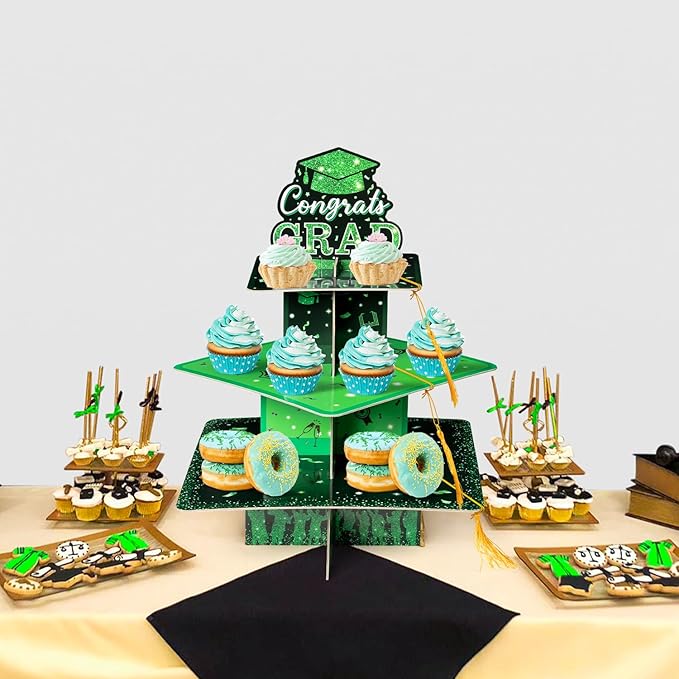 Haooryx Graduation Cupcake Stand Decoration - 3-Tier Black Green Graduate Cap Cupcake Tower with Tassel Cardboard Dessert Holder Kindergarten Primary High School College Graduation Party Table Decor