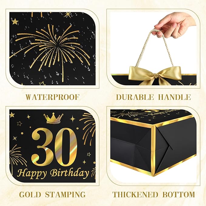 JMANNI Black Gold 30th Birthday Gift Bag with Card and Tissue Paper, 12.6"×9.84"×3.9" Elegant Present Bag for Adults, 30 Year Old Birthday Keepsake Party Supplies