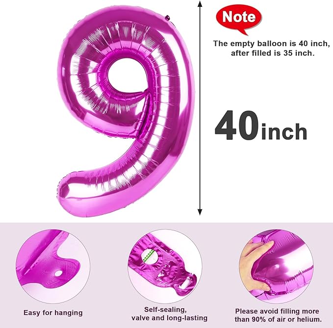 40 Inch Rose Purple Numbers 9 Balloon, Balloons Decorations for 9 19 90 Birthday Party, Engagement, Wedding, Graduations, Photo Shoot Supplies
