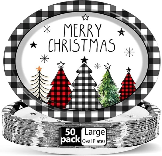 50 PCS Christmas Oval Paper Plates Large 11'' Disposable Christmas Black and White Party Decorations Heavy Duty Buffalo Plaid Tree Party Supplies Favors for Xmas Holiday Party Dinner Tableware Set
