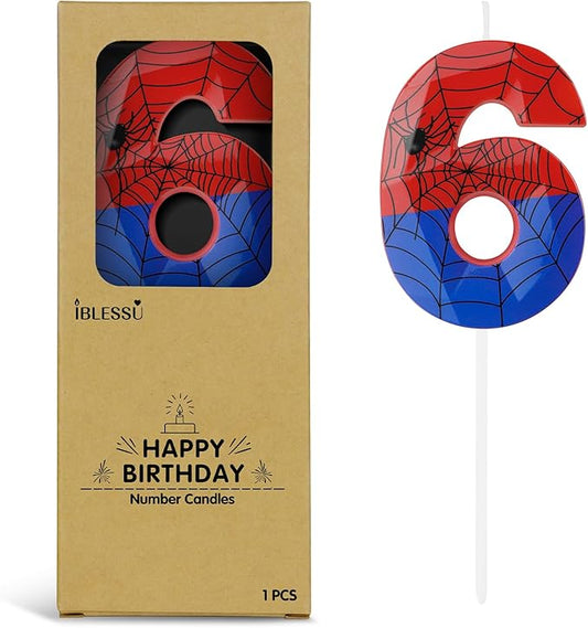 Number 6 Spider Themed Birthday Candle, 2.68 Inch Red Blue Spider Birthday Candles, Number Candles Birthday Cake Toppers Web Candles for Boy Girl Spider Party Decoration Supplies Halloween Party