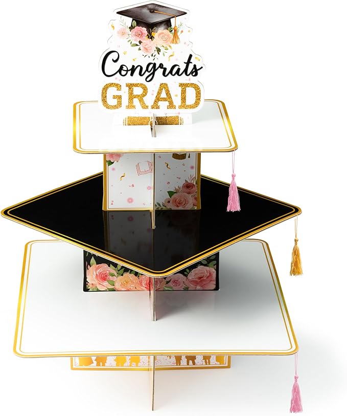 Haooryx Watercolor Flower Graduation Cupcake Stand - 3 Tier Pink Floral Graduation Hat Cupcake Tower Decor Candy Dount Dessert Holder for College High School Congrats Grad Party Table Decor Supplies