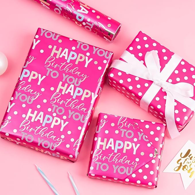 MAYPLUSS Reversible Birthday Wrapping Paper Roll 17In x 16.5FT Rose Red Happy Birthday Letter Glitter Metallic Foil (23.4 sqft) for Boys Girls Kids Women Holiday Party Baby Shower