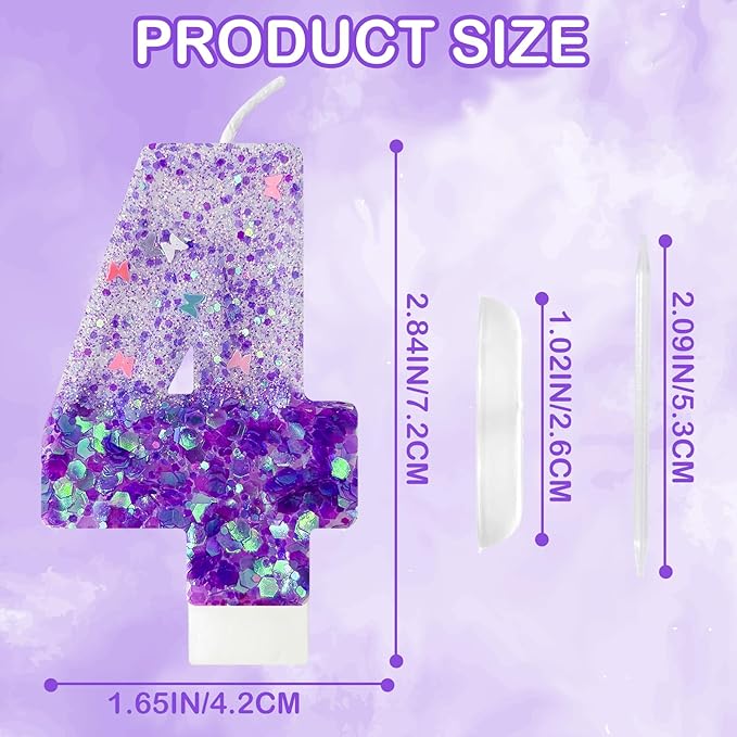 Purple Sequin Birthday Candles, Cake Number Candles, Girls 0th Birthday Decorations, Suitable for Birthday Parties, Anniversary Party Decorations(4)