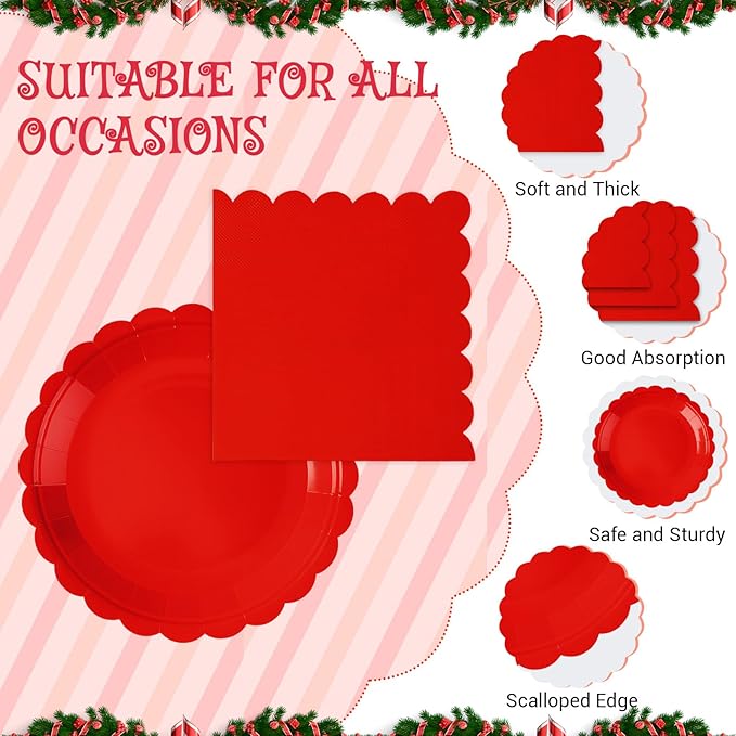 120 Pcs Red Paper Plates and Napkins Party Supplies Bulk Christmas Disposable 7 Inch Scalloped Plates Cocktail Napkins for Xmas Wedding Baby Shower Birthday Decorations, Serve 60 Guests