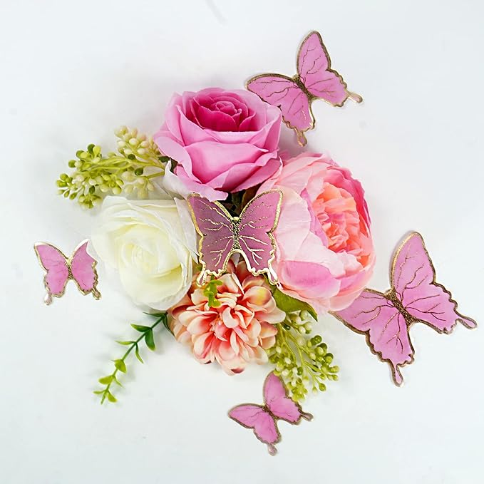 14 PCS Flower Cake Toppers Butterfly Cake Decorations Happy Birthday Cake Toppers with Artificial Pink Rose Flowers Eucalyptus Butterflies for Birthday Wedding Supplies (Pink)