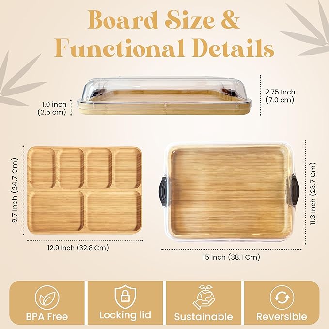 Charcuterie Board with Lid 3-in-1, Portable Bamboo Serving Tray with Lid & Removable Snack Tray for Cheese, Fruit, Food - Covered Cheese Platter for Picnic, Travel, Ready-to-Gift