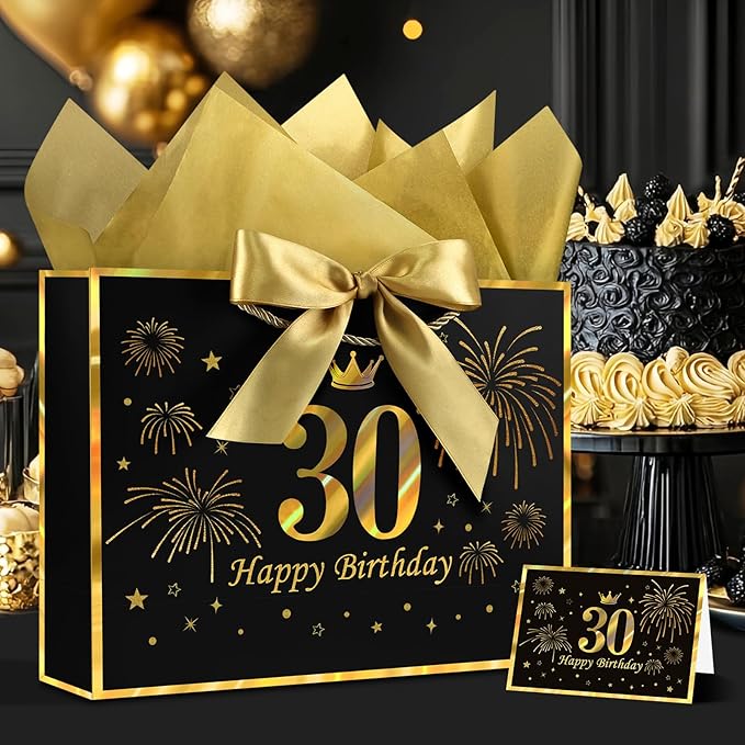 JMANNI Black Gold 30th Birthday Gift Bag with Card and Tissue Paper, 12.6"×9.84"×3.9" Elegant Present Bag for Adults, 30 Year Old Birthday Keepsake Party Supplies