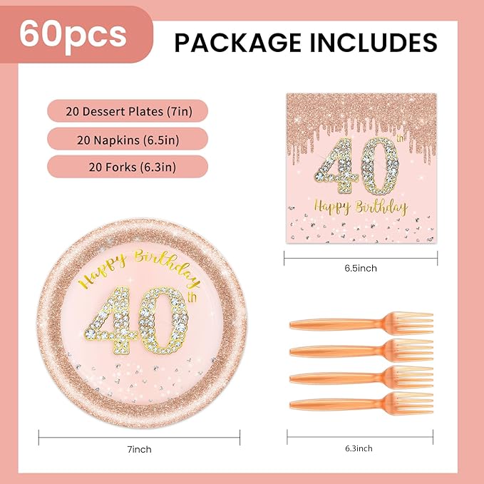 60 PCS 40th Birthday Decorations for Women, 40th Birthday Plates and Napkins Rose Gold Disposable Tableware Set Party Supplies for Women Cheers to 40 Years Anniversary (40TH)