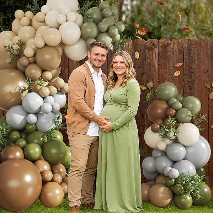 Brown Sage Green Balloon Arch Kit, 124Pcs Nude Blush Dusty Blue Sand White Olive Green for Safari Jungle Woodland Wedding Baby Shower Birthday Party Decorations