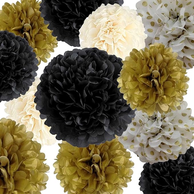 Black Gold Tissue Paper Pom Poms 12Pcs- Hanging Paper Flowers for Wedding Birthday Graduations Christmas and Special Occasions(8 &10 & 12 inch)