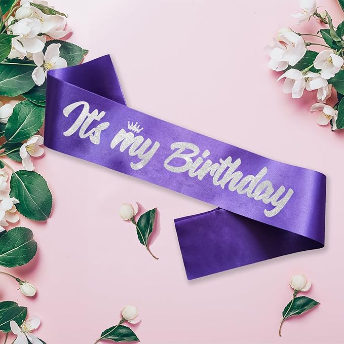 It's My Birthday Sash Purple with Glitter Silver Letters Happy Birthday Sash for Women Girl Bday Gift Ideas Party Favors