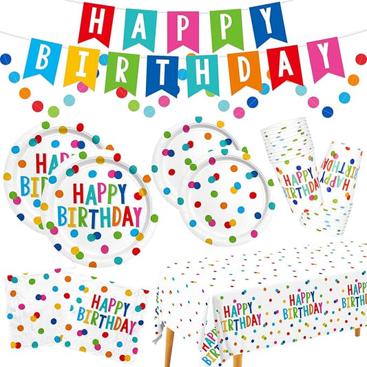 Happy Birthday Decorations: Happy Birthday Party Supplies Set with Birthday Dots Design- Includes Disposable Paper Birthday Plates and Napkins, Cups, Tablecloth, and Banner for decorations, Serves 25.