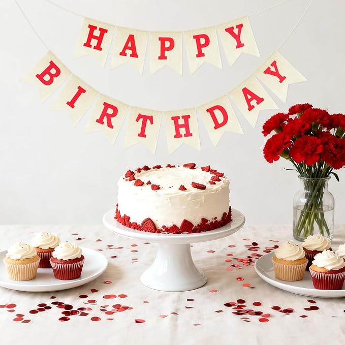 Anwyll Happy Birthday Banner - NO DIY Burlap Happy Birthday Banner Sign Happy Birthdays Party Decoration Happy Birthdays Banners Bunting for Women Girl Princess Celebration Party Backdrops (Red)