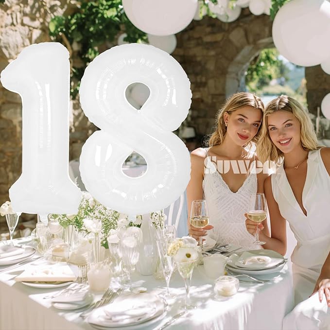 SUWEN 40 Inch White Large 18 Number Balloons Big Foil Helium Number Balloons 0-9 Giant Jumbo Happy 18th Birthday Party Decorations for Boy or Girl Huge Mylar 81 Anniversary Party Supplies