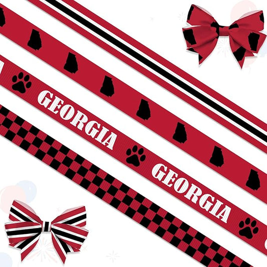 4 PCS Georgia Ribbons for Crafting, 3/8" Width Red Black Plaid Stripes Grosgrain Ribbons Map Paws Craft Ribbons for Gift Wrapping DIY Sports Birthday Decorations-10 Yards