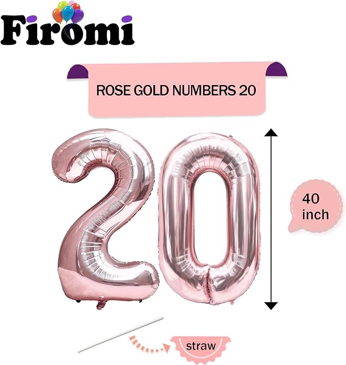 FIROMI 20 Foil Number Balloons Rose Gold 40-inch Big Giant Jumbo Mylar 20 Balloon Numbers for 20th Birthday Party Anniversary Decorations