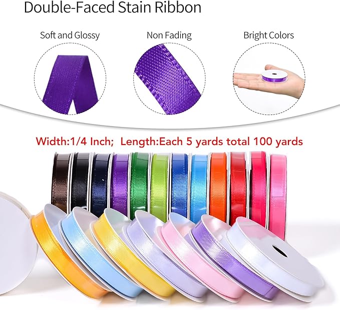 Ribest 1/4 Inch Solid Double Face Satin Ribbon Set for Gift Wrapping Hair Bows Craft Sewing-100 Yards (5 Yards*20 Colors)