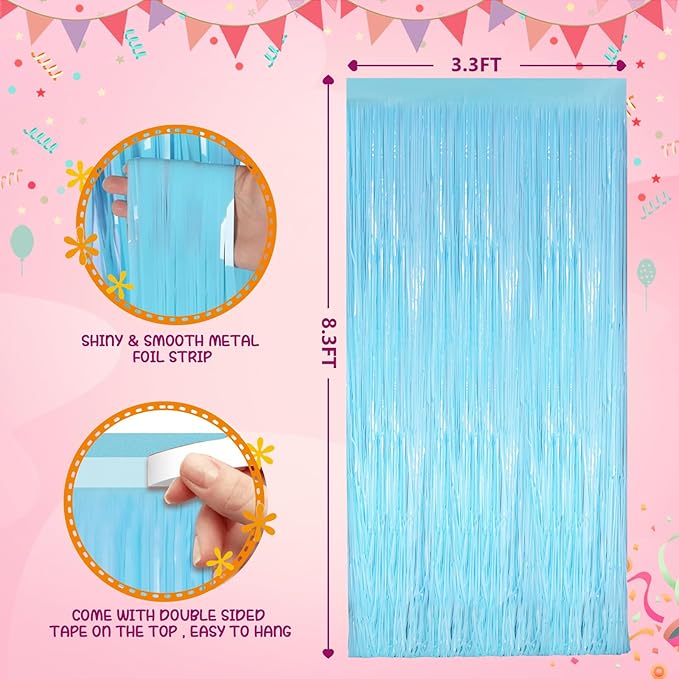 2PCS Macaron Light Blue Party Streamers 3.3x8.3Ft Foil Fringe Backdrop Curtains Tinsel Streamers Birthday Party Decors Fringe for Graduation Wedding, Baby Shower Disco Party Anniversary Streamers