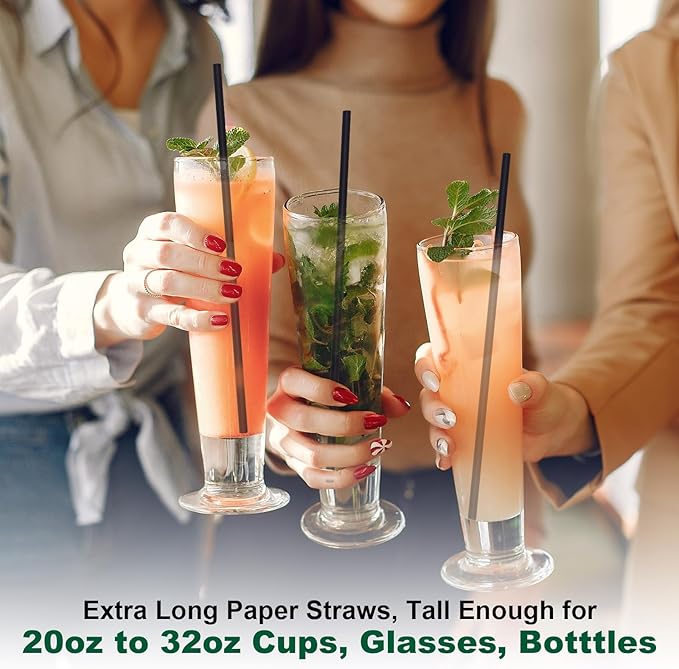 10 Inch Tall Disposable Black Paper Drinking Straws, 0.24" Diameter - Pack of 100