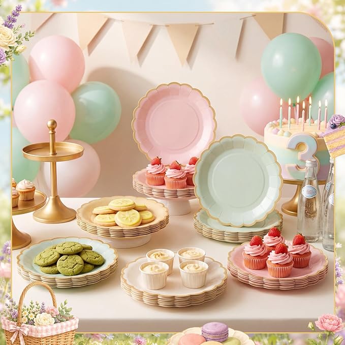 Paper Plates 9 Inch Gradient Scalloped Paper Plates Disposable Dinner Dessert for Birthday Wedding Bridal Party Supplies, 6 Colors (Sage Green and Pink,96)