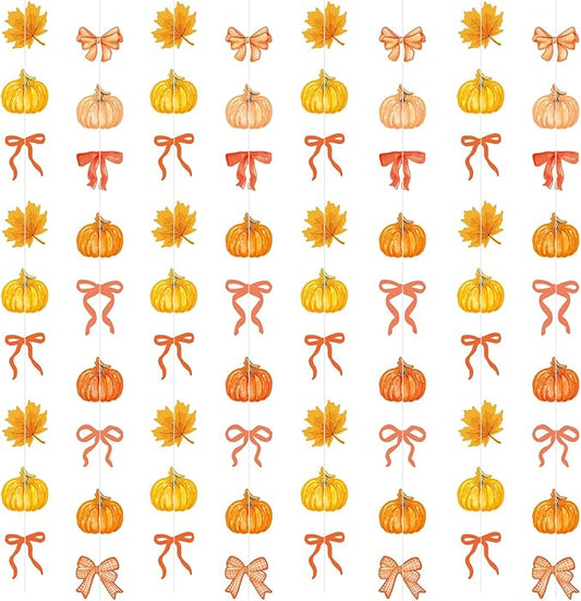 TaoBary 8 Pack Fall Decor Fall Pumpkin Garland 6.56 ft Orange Pumpkin Paper Bow Hanging Banner for Thanksgiving Autumn Harvest Birthday Party Home Indoor Outdoor Mantle Wall Decor
