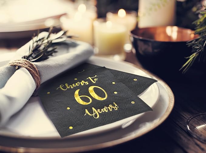 Cheers to 60 Years Cocktail Napkins | Happy 60th Birthday Decorations for Men and Women and Wedding Anniversary Party Decorations | 50-Pack 3-Ply Napkins | 5 x 5 inch folded (Black)