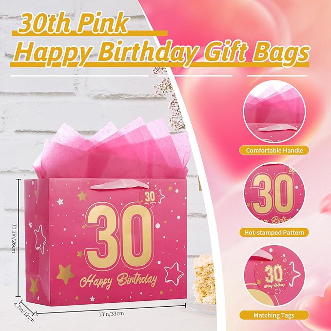 Powbrace 13" Pink 30th Birthday Gift Bag with Tissue Paper and Greeting Card for Party,Happy Birthday Gift Bag for Men Women,Gift Bags Medium size(1 Pink 30th)