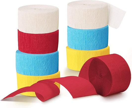 NICROLANDEE Party Streamers Decorations - 8 Rolls Red Blue Yellow Crepe Paper Streamers Tassels Streamer Paper for Birthday Party, Baby Shower, Class Party, Family Gathering Supplies