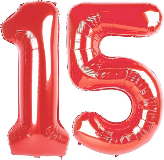 Number 15 Balloons, 40 Inch 15th Birthday Decorations for 1 5 15 51, Red Big Foil Number Balloons for Wedding Store Anniversary Party Supplies
