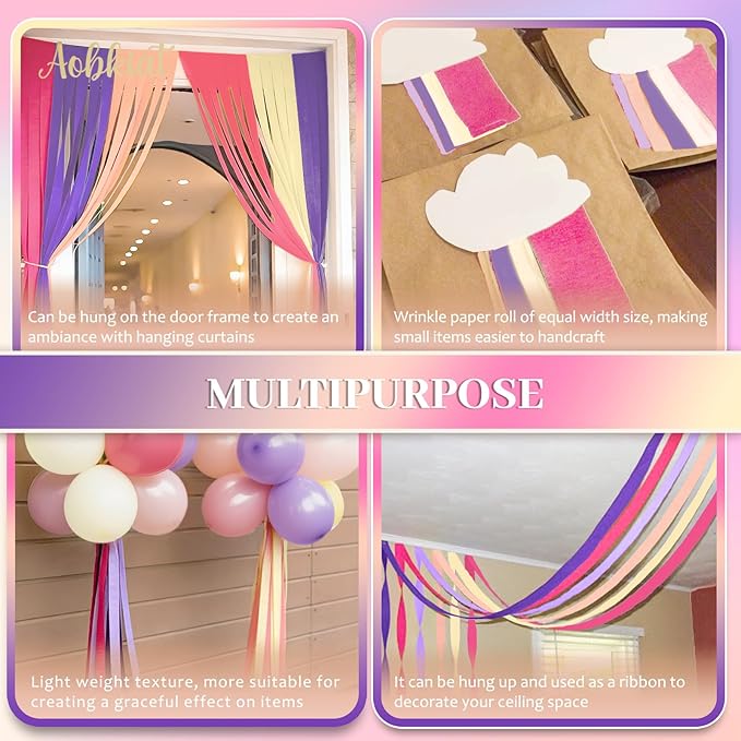 AOBKIAT Purple Pink Streamers Party Decorations,5 Rolls Colorful Crepe Paper Streamers for Birthday Baby Shower Wedding Princess Butterfly Fairy Theme Party,DIY Tassel,1.8 Inch x 82 Ft/Roll