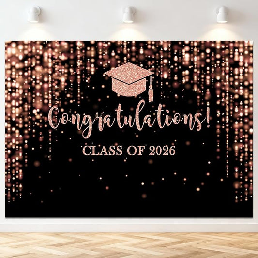 Mocsicka Class of 2026 Backdrop Rose Gold Glitter Bokeh Graduation Party Background 2026 Congrats Grad Prom Party Cake Table Decoration Photo Booth Props (10x7ft)