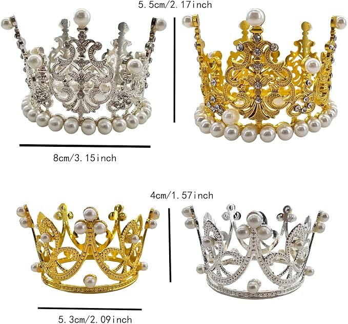 4 Pcs Crown Cake Topper Small Crystal Pearl Tiara Cupcake Toppers for Flower Arrangements Cupcake Queen Birthday Party Wedding Decor