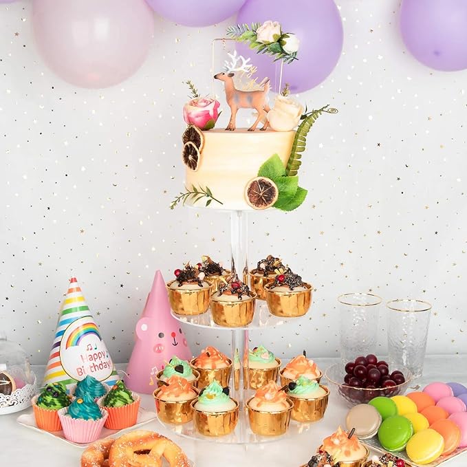 YestBuy 3 Tier Round Cupcake Stand, Acrylic Cake stand, Cupcake Tower Stand, Premium Cupcake Holder For 23 Cupcakes, Display for Pastry Wedding Birthday Party (4.7" between 2 layers)