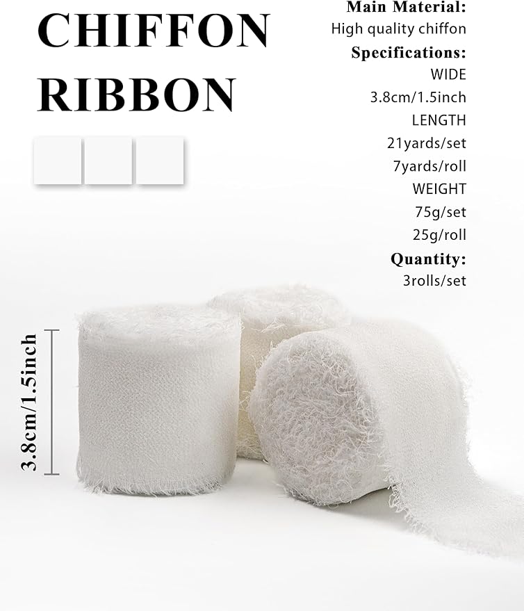 White Chiffon Ribbon, Silk 1.5''x21Yd Handmade Frayed Fringe Ribbons for Wrapping, DIY Bows, Invitations, Bridal Bouquets, Crafts, Birthday, Wedding, Halloween, Party Decorations, 3 Rolls