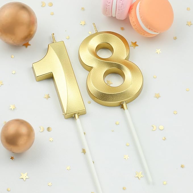 2.76 Inch Diamond Gold 18 Number Birthday Candles, Gold Number Candles, Cake Number Candles, Party Celebration