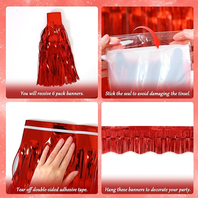 LOLStar 6 Pack Red Foil Fringe Garland Birthday Party Decorations, 59Ft Metallic Tinsel Streamers Banner, Glitter Photo Booth Prop Table Skirt for Valentines Day Parade Float Christmas Party Decor