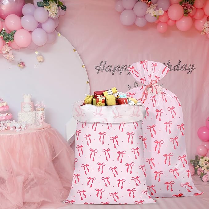 WRAPAHOLIC 56" Large Pink Bow Plastic Gift Bag - Pink Ribbon Bow Jumbo Bike Bag Gift Wrap for Girl Birthday, Baby Shower, Bachelorette Party, Valentine's Day - 56" H x 36" W