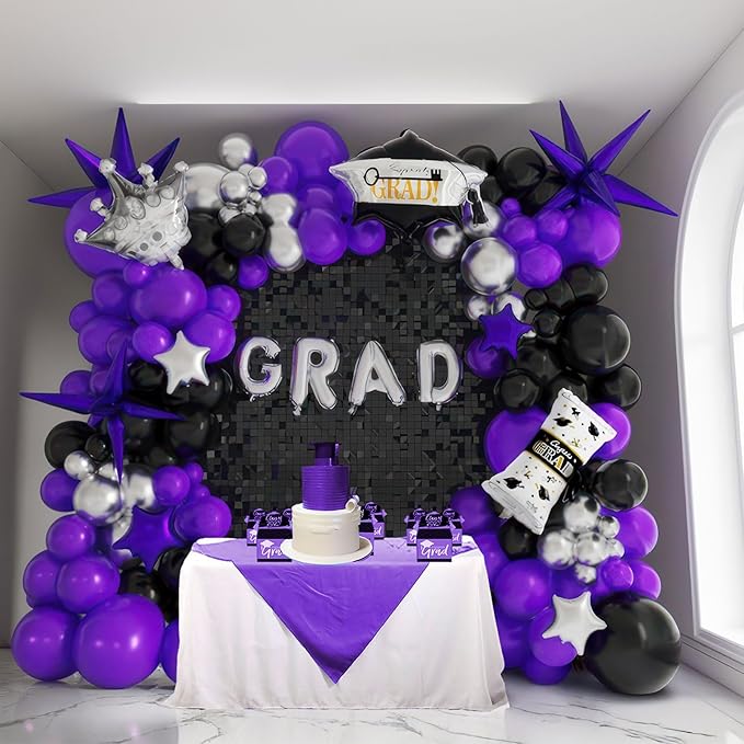 Black dark purple and silver Balloon Garland Arch Kit 130Pcs with dark purple and Silver Stars Graduation Certificate Graduation Cap crown GRAD Letters Mylar Balloons for 2025 Prom kpop Decorations
